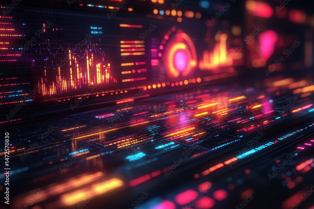 Poster visual representation of digital data streams and analytics in a futuristic environment during night