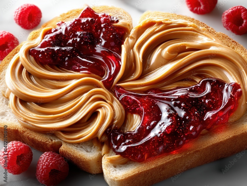 Poster creamy peanut butter and glazy red jam on a slice of soft bread with fresh raspberries on a marble s