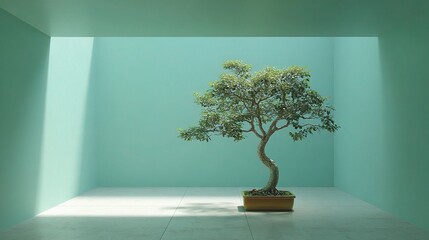 Serene Bonsai Tree in Minimalist Room with Soft Natural Light