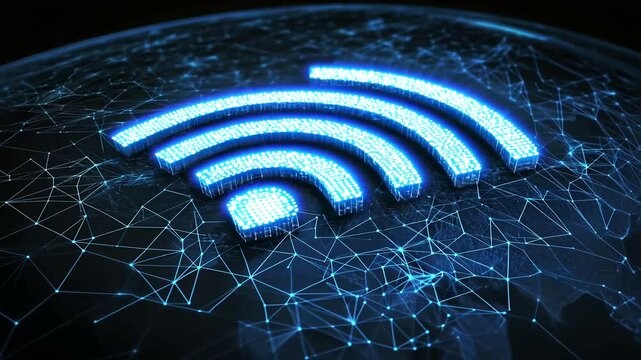 Luminous blue wireless symbol, formed by tiny radiant cubes, rests on a dark, networked, curved surface