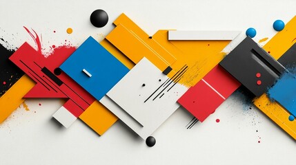 Abstract geometric composition of overlapping colorful shapes and splashes on a white background
