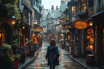 Obraz premium Charming cobblestone street in a quaint historic village on a rainy day with lush greenery and inviting storefronts