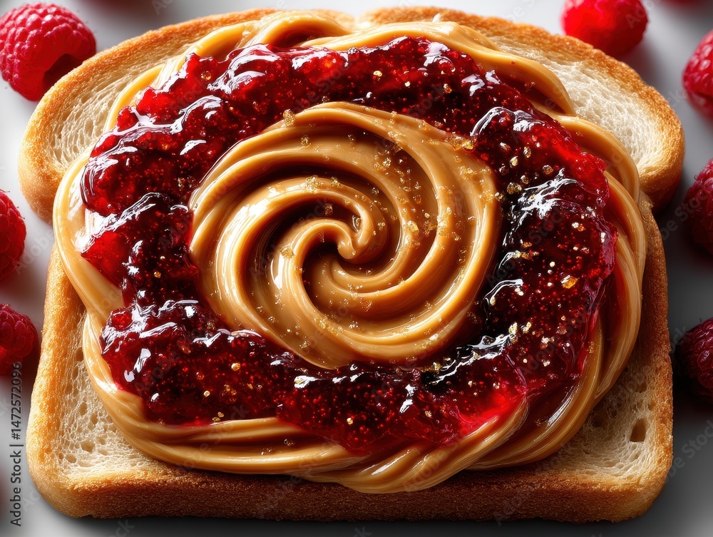Poster creamy peanut butter and sweet raspberry jam swirl on toast with fresh raspberries in a brightly lit
