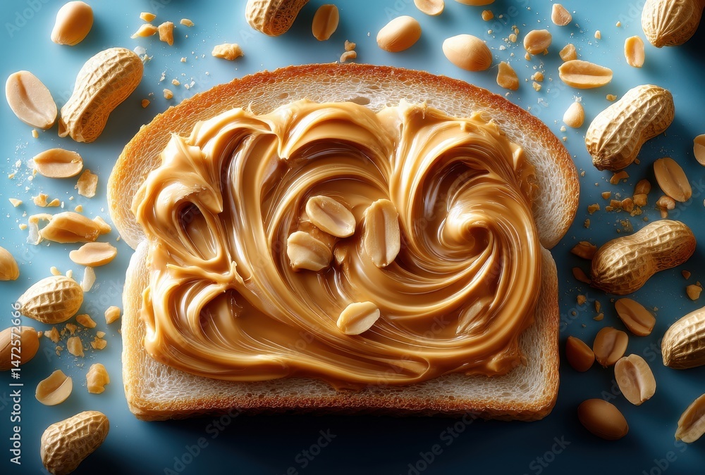 Poster creamy peanut butter artfully spread on fresh bread surrounded by scattered peanuts and shards creat