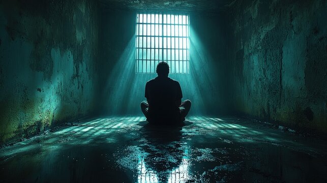 Prisoner in a dark cell, bathed in light - Powered by Adobe