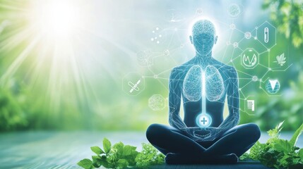 Symbolic representing the interconnected nature of holistic health featuring icons and elements for mind body and spirit. including brain medicine science fitness and mindfulness