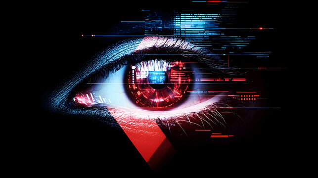 A vibrant, close-up of a human eye digitally enhanced with streaks of red, blue, and white data streams, creating a futuristic, high-tech aesthetic
