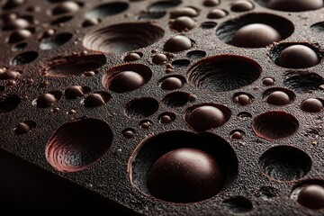 A mesmerizing closeup of dark chocolate with a unique texture, revealing a captivating pattern of circular shapes and grooves, showcasing the artistry of chocolatiering.