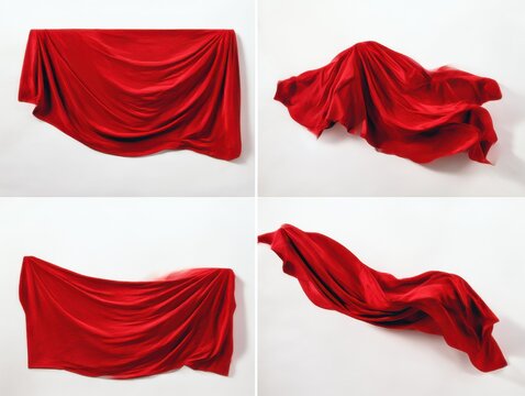 Set of red velvet cloths isolated on white background. for product showcase, luxury design, or artistic presentations.
