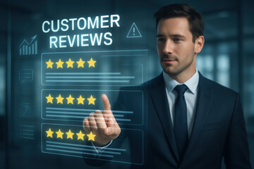 Online customer satisfaction Survey service concept, client rate service from experience in application, Consumer give five-Stars and feedback review for quality