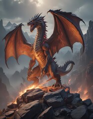Epic sword clash against fiery dragon on craggy peaks,  background,  heat