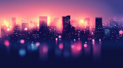 Vibrant Cityscape at Dusk with Glowing Lights and Reflections