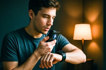 A young man using a voice assistant on his smart watch to control his smart home lighting, dark moody background