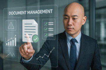 Document Management and Digital Organization, Businessman Reviewing Files, Workflow Optimization, Office Productivity, Corporate Documentation, Digital Tools, KPI Dashboard