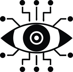 Black silhouette vector illustration of a robotic eye with scanning beams design