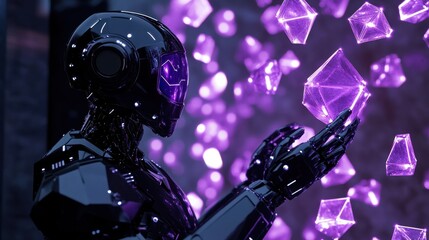 Fototapeta premium Black humanoid robot interacting with glowing purple geometric shapes in a futuristic environment. Advanced AI and digital art concept.
