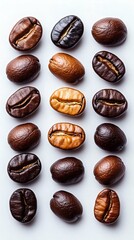 A visually appealing arrangement of various coffee beans showcasing different roasts and colors. Perfect for coffee lovers and culinary themes.