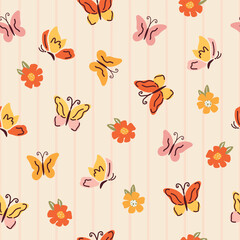 Seamless butterfly pattern. A repetitive cute background with hand-drawn butterflies, flowers. The repetitive linear design of modern pink colors for print. naive art design for  print, paper, textile