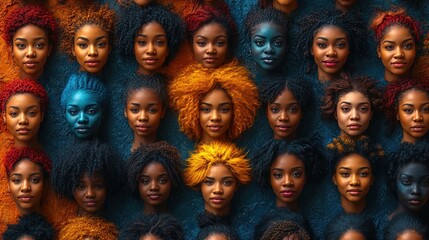 Diverse faces, vibrant colors, powerful expressions.  A multitude of women with various colorful hair and face paint