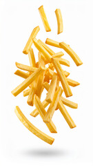 French fries falling on white background creating tasty fast food image