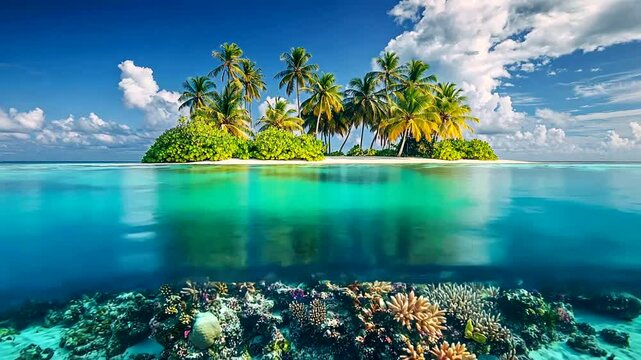 A split-level view shows a tropical isle with palm trees above crystal-clear waters, revealing a vibrant coral reef below