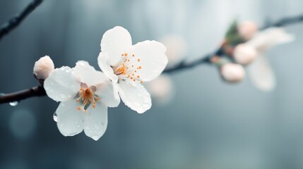 Obraz premium a branch with white flowers with water droplets on it
