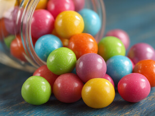 Colorful candy balls spilling from glass jar on rustic blue table