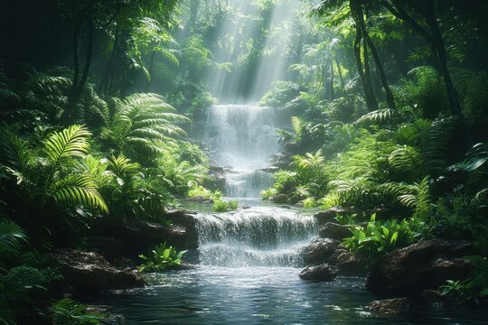 Serene forest waterfall cascading through lush greenery during a tranquil morning in a tropical rainforest environment