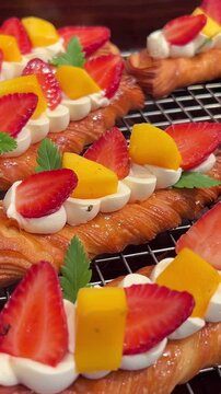 Strawberry tartlets with vanilla pastry cream - mini fruit tarts filled with custard vanilla pastry cream in a cookie crust. Homemade Dessert on awooden board, Vertical image. High quality 