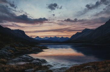 Naklejka premium Twilight sky over a mountain lake