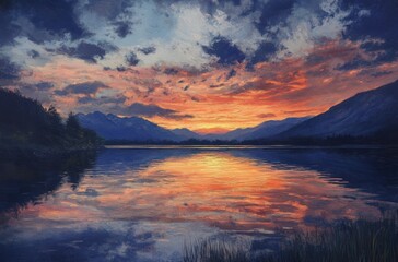 Fototapeta premium Twilight sky over a mountain lake