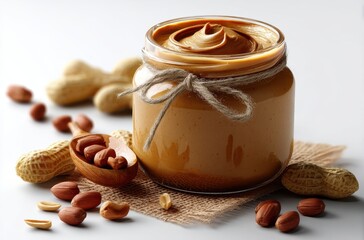 Creamy peanut butter in a jar next to scattered peanuts on burlap cloth showcasing deliciousness and healthy snacking options for all ages