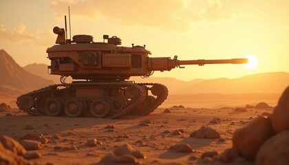 Futuristic Tank in Desert at Sunset