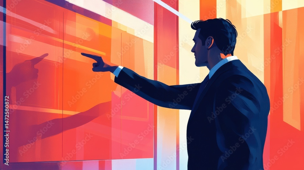 Poster business man pointing to transparent board with text: building solid relations for lasting success i