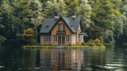 Obraz premium A charming little house sits serenely on an island in the lake.