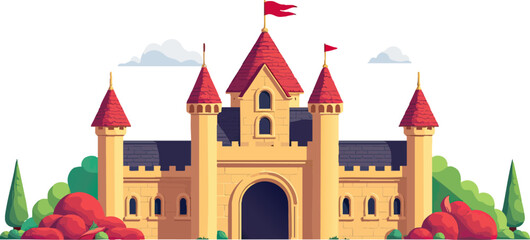 Fototapeta premium an image of a castle with trees and bushes