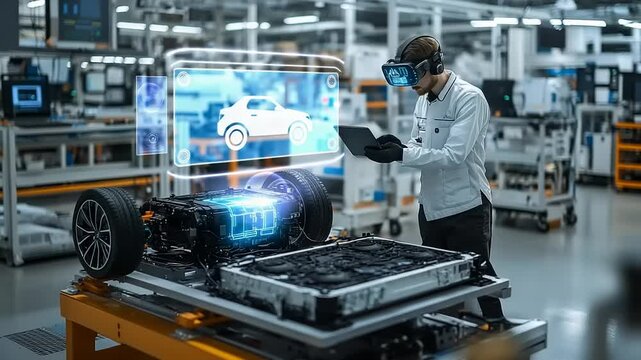 Factory worker uses VR tech to inspect electric car chassis, battery, and components