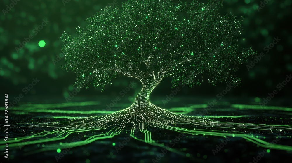 Aufkleber glowing green digital tree with connected network branches and root-like circuits on a dark backgrou