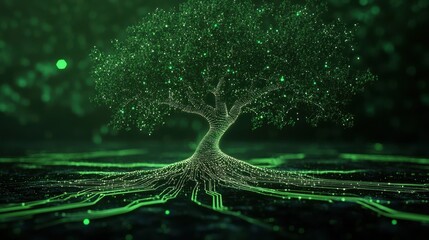 Glowing green digital tree with connected network branches and root-like circuits on a dark background. Concept of technology, sustainability, and data integration