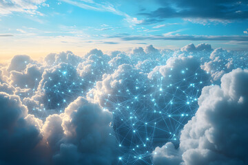 An aerial view of fluffy white clouds with a faint network of data connections revealed, A vast expanse of clouds revealing hidden data streams and connections