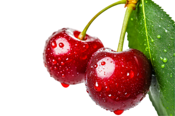 Fresh red cherries with water droplets and green leaves on white background