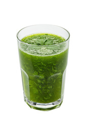 Fototapeta premium Green smoothie in glass, parsley leaves visible, isolated on black. Healthy and refreshing drink