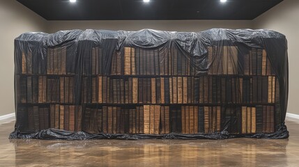 Massive library collection shrouded in dark protective coverings.