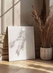 White Canvas Mockup in Minimalist Beige Interior with Dried Flowers and Sunlight Shadows