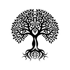 Fototapeta premium Tree of Life Silhouette: A powerful symbol of growth, resilience, and interconnectedness, this intricate tree of life silhouette boasts a heart-shaped canopy and deep, intertwined roots.