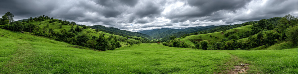 Fototapeta premium Rolling green hills under dramatic cloudy sky before rain 32k, full ultra hd, high resolution