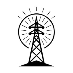 Electricity Pylon Icon: A stylized graphic illustration of an electricity pylon, standing tall against a sunburst, symbolizing energy transmission and power.