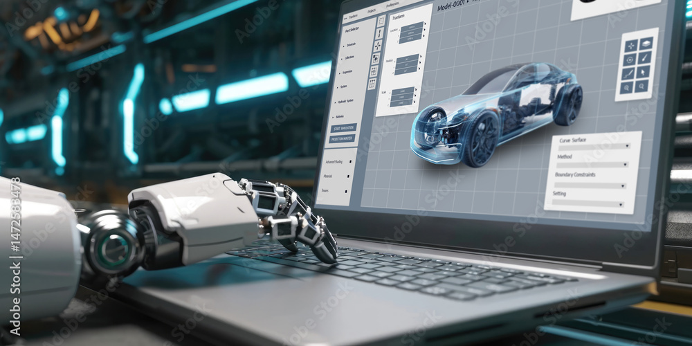 Poster electric car design software on computer screen showing simulation blueprint brisk by digital calcul