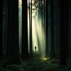 Figure in dark forest, light beams