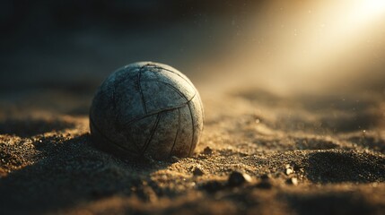 Detailed macro shot of a worn beach volleyball partially buried in golden sand, lens flare effect